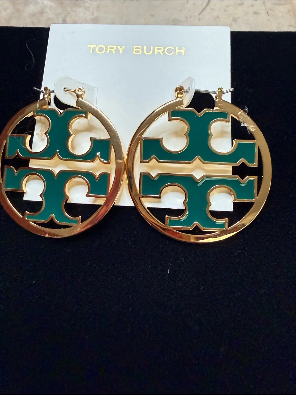 Tory Burch Gold Hoop Earrings with Green Enamel Logo